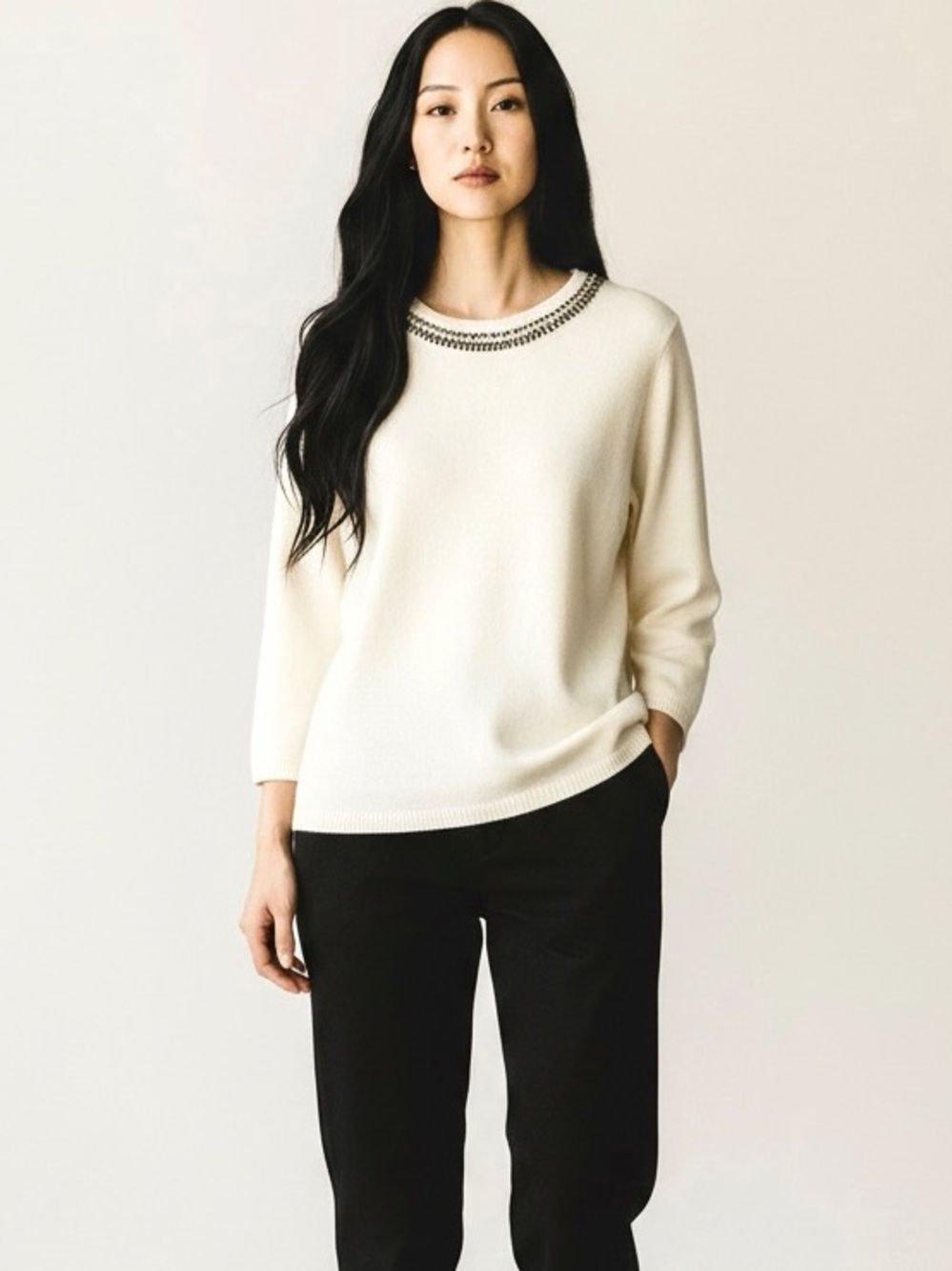 Talbots Ivory Sweater Beaded Crew Neck 3/4 Sleeve Wool Blend size L